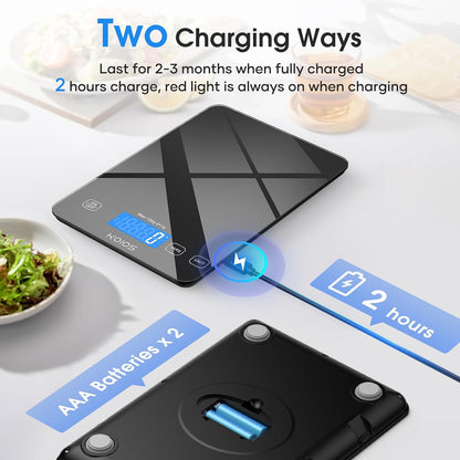 Food Scale, 33lb/15Kg Digital Kitchen Scale for Food Ounces and Grams Cooking Baking, 1g/0.1oz Precise Graduation, Waterproof Tempered Glass, USB Rechargeable, 6 Weight Units, Tare Function