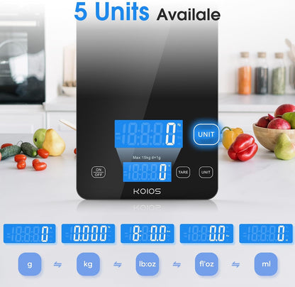 Food Scale, 33lb/15Kg Digital Kitchen Scale for Food Ounces and Grams Cooking Baking, 1g/0.1oz Precise Graduation, Waterproof Tempered Glass, USB Rechargeable, 6 Weight Units, Tare Function