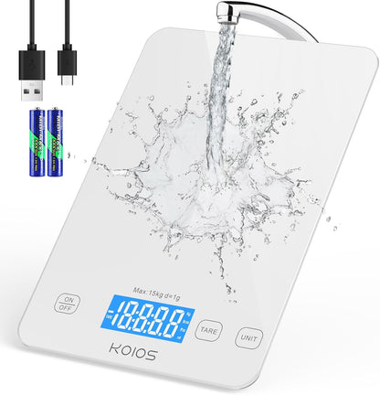 Food Scale, 33lb/15Kg Digital Kitchen Scale for Food Ounces and Grams Cooking Baking, 1g/0.1oz Precise Graduation, Waterproof Tempered Glass, USB Rechargeable, 6 Weight Units, Tare Function