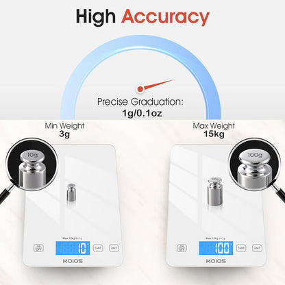 Food Scale, 33lb/15Kg Digital Kitchen Scale for Food Ounces and Grams Cooking Baking, 1g/0.1oz Precise Graduation, Waterproof Tempered Glass, USB Rechargeable, 6 Weight Units, Tare Function