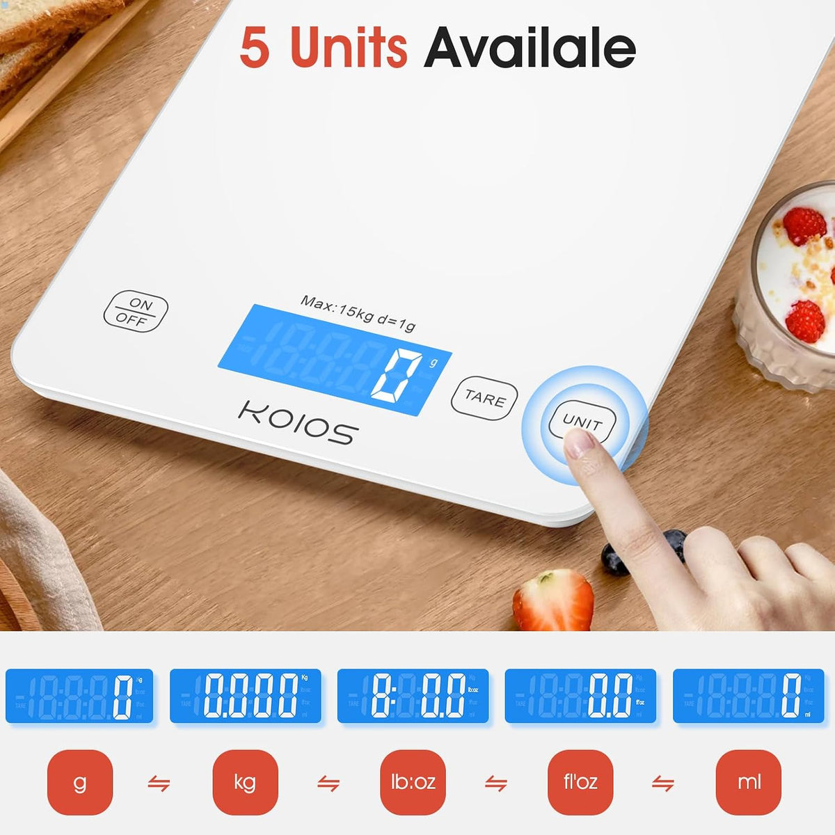 Food Scale, 33lb/15Kg Digital Kitchen Scale for Food Ounces and Grams Cooking Baking, 1g/0.1oz Precise Graduation, Waterproof Tempered Glass, USB Rechargeable, 6 Weight Units, Tare Function