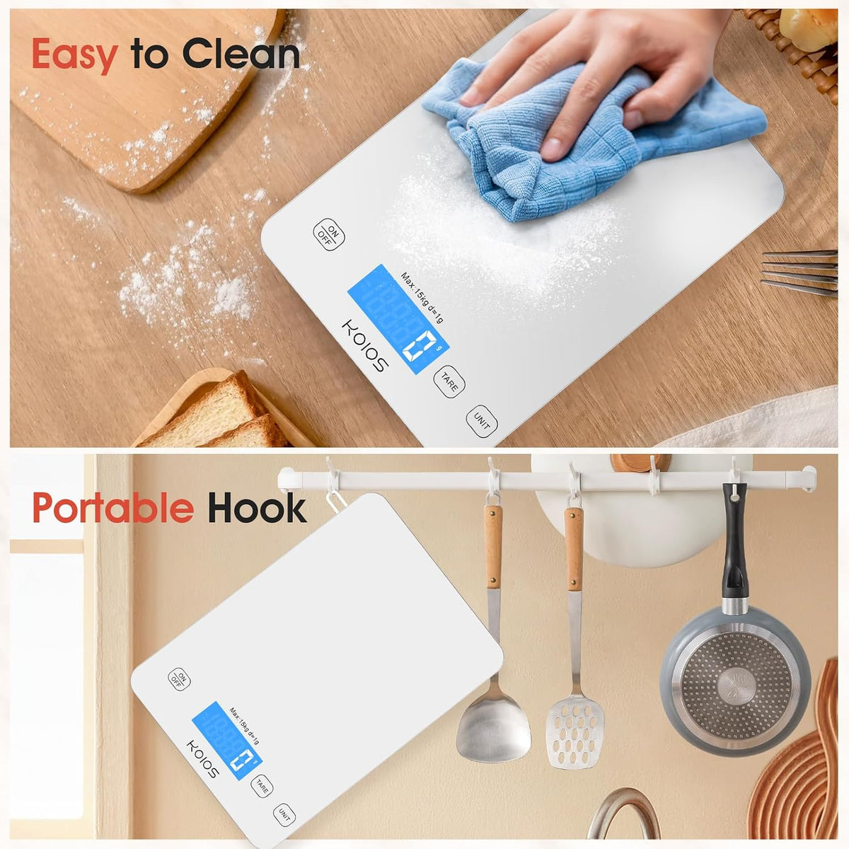 Food Scale, 33lb/15Kg Digital Kitchen Scale for Food Ounces and Grams Cooking Baking, 1g/0.1oz Precise Graduation, Waterproof Tempered Glass, USB Rechargeable, 6 Weight Units, Tare Function