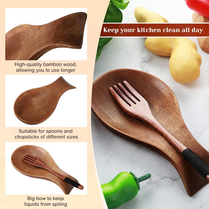 Acacia Wood Spoon Rest for Stove Top Bamboo Holder for Spatula Rest for Kitchen, Counter Spoon Holder for Countertop, Modern and Rustic for Farmhouse as Dining Table Decoration(Brown)