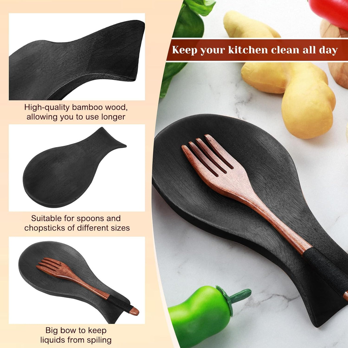 Acacia Wood Spoon Rest for Stove Top Bamboo Holder for Spatula Rest for Kitchen, Counter Spoon Holder for Countertop, Modern and Rustic for Farmhouse as Dining Table Decoration(Brown)
