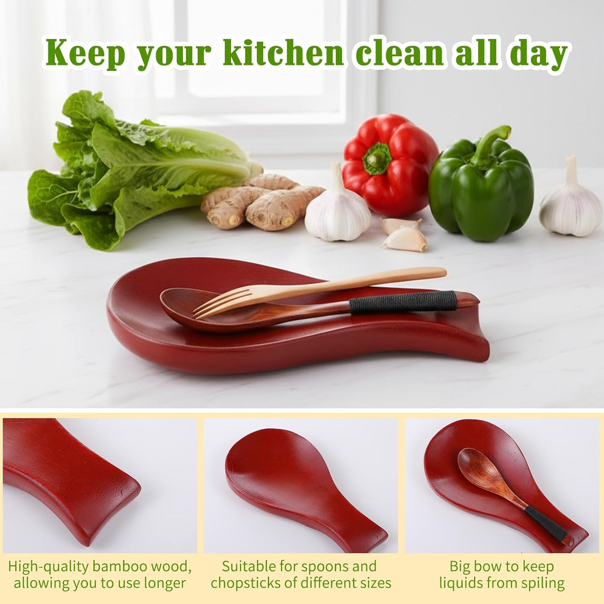 Acacia Wood Spoon Rest for Stove Top Bamboo Holder for Spatula Rest for Kitchen, Counter Spoon Holder for Countertop, Modern and Rustic for Farmhouse as Dining Table Decoration(Brown)