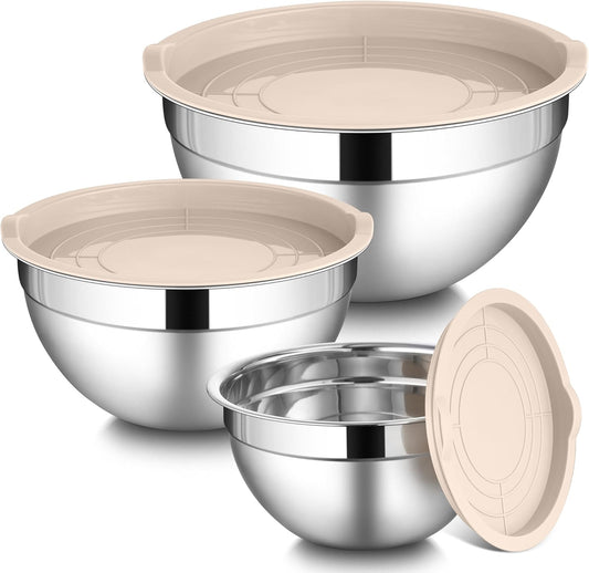 Mixing Bowls with Lids Set, 3 Packs Stainless Steel Metal Bowls | Ideal for Prepping, Cooking, Storage, Serving, Freezer & Dishwasher Safe, 1.5QT & 3QT & 4.6QT, Khaki