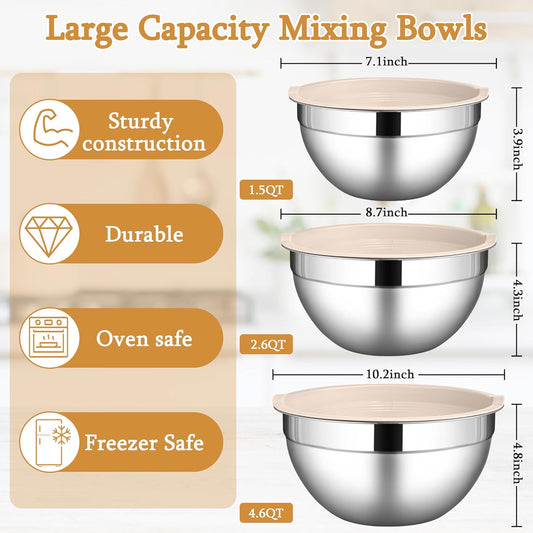 Mixing Bowls with Lids Set, 3 Packs Stainless Steel Metal Bowls | Ideal for Prepping, Cooking, Storage, Serving, Freezer & Dishwasher Safe, 1.5QT & 3QT & 4.6QT, Khaki