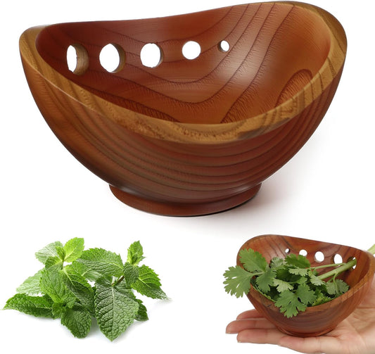 1 Pack Wooden Herb Stripper Bowls, Wood 5 Holes Kitchen Herbs Peeling Bowl, Leaf Stripping Peeler for Separating Leaves and Stems, Salads & Cooking, Pottery Kitchen Tool