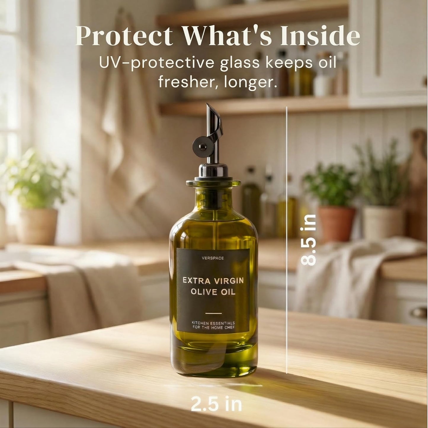 UV-Protected Green Glass Olive Oil Dispenser Bottles For Kitchen - 2 Pack - 12oz Includes 40 Kitchen Essential Labels, Avocado Oil Dispenser Set, Modern Decor for Home, Airbnb, Cafe