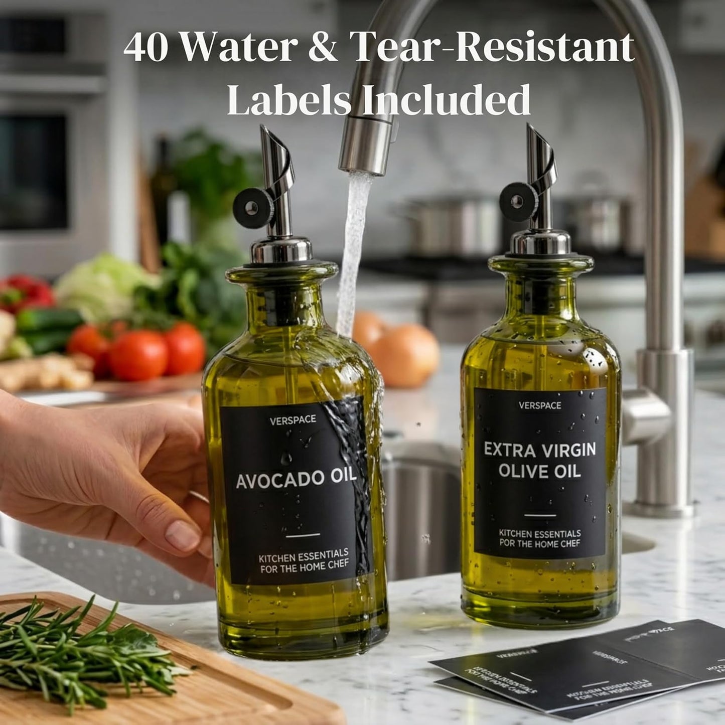 UV-Protected Green Glass Olive Oil Dispenser Bottles For Kitchen - 2 Pack - 12oz Includes 40 Kitchen Essential Labels, Avocado Oil Dispenser Set, Modern Decor for Home, Airbnb, Cafe