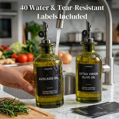 UV-Protected Green Glass Olive Oil Dispenser Bottles For Kitchen - 2 Pack - 12oz Includes 40 Kitchen Essential Labels, Avocado Oil Dispenser Set, Modern Decor for Home, Airbnb, Cafe