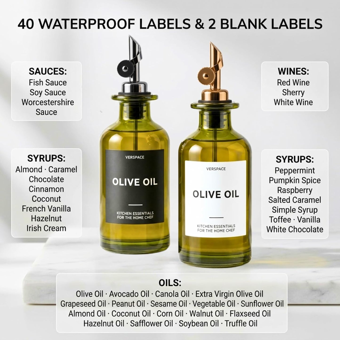 UV-Protected Green Glass Olive Oil Dispenser Bottles For Kitchen - 2 Pack - 12oz Includes 40 Kitchen Essential Labels, Avocado Oil Dispenser Set, Modern Decor for Home, Airbnb, Cafe