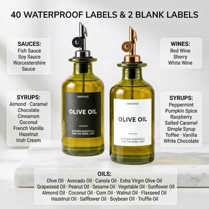 UV-Protected Green Glass Olive Oil Dispenser Bottles For Kitchen - 2 Pack - 12oz Includes 40 Kitchen Essential Labels, Avocado Oil Dispenser Set, Modern Decor for Home, Airbnb, Cafe