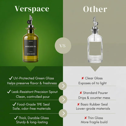 UV-Protected Green Glass Olive Oil Dispenser Bottles For Kitchen - 2 Pack - 12oz Includes 40 Kitchen Essential Labels, Avocado Oil Dispenser Set, Modern Decor for Home, Airbnb, Cafe