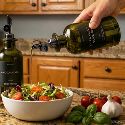 UV-Protected Green Glass Olive Oil Dispenser Bottles For Kitchen - 2 Pack - 12oz Includes 40 Kitchen Essential Labels, Avocado Oil Dispenser Set, Modern Decor for Home, Airbnb, Cafe