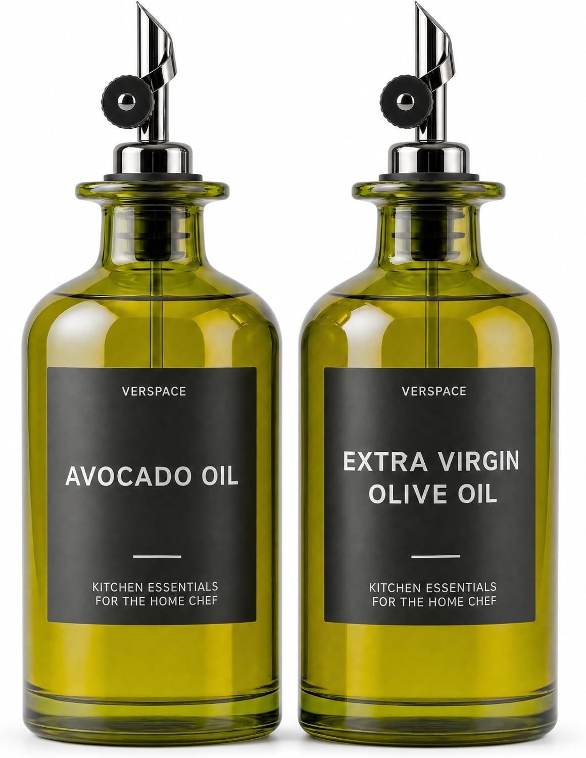 UV-Protected Green Glass Olive Oil Dispenser Bottles For Kitchen - 2 Pack - 12oz Includes 40 Kitchen Essential Labels, Avocado Oil Dispenser Set, Modern Decor for Home, Airbnb, Cafe