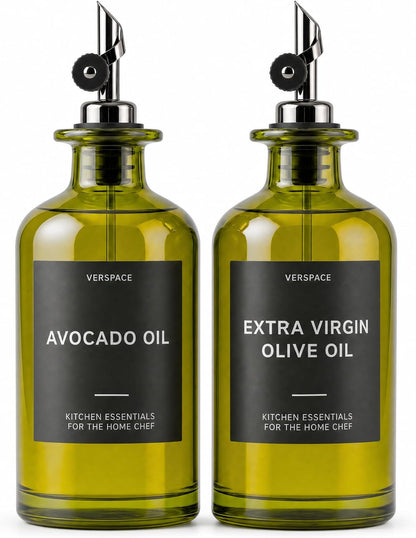 UV-Protected Green Glass Olive Oil Dispenser Bottles For Kitchen - 2 Pack - 12oz Includes 40 Kitchen Essential Labels, Avocado Oil Dispenser Set, Modern Decor for Home, Airbnb, Cafe