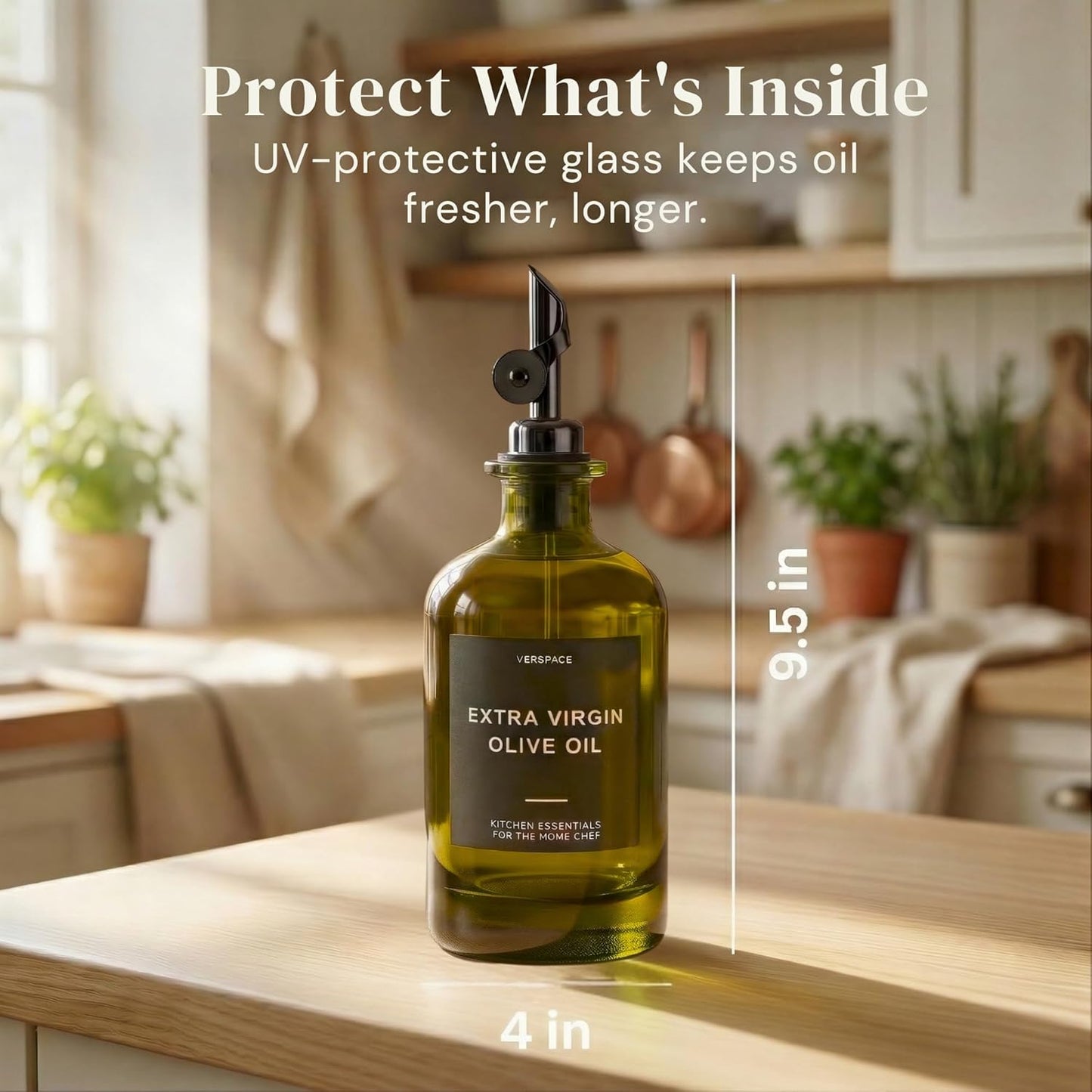 UV-Protected Green Glass Olive Oil Dispenser Bottles For Kitchen - 2 Pack - 12oz Includes 40 Kitchen Essential Labels, Avocado Oil Dispenser Set, Modern Decor for Home, Airbnb, Cafe