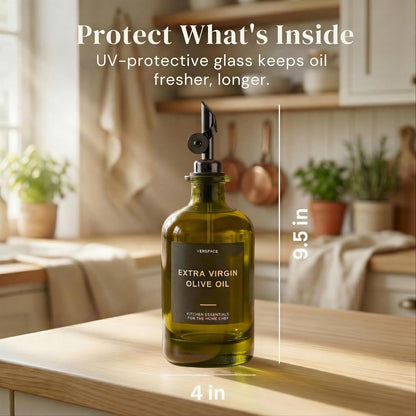 UV-Protected Green Glass Olive Oil Dispenser Bottles For Kitchen - 2 Pack - 12oz Includes 40 Kitchen Essential Labels, Avocado Oil Dispenser Set, Modern Decor for Home, Airbnb, Cafe