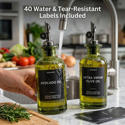 UV-Protected Green Glass Olive Oil Dispenser Bottles For Kitchen - 2 Pack - 12oz Includes 40 Kitchen Essential Labels, Avocado Oil Dispenser Set, Modern Decor for Home, Airbnb, Cafe