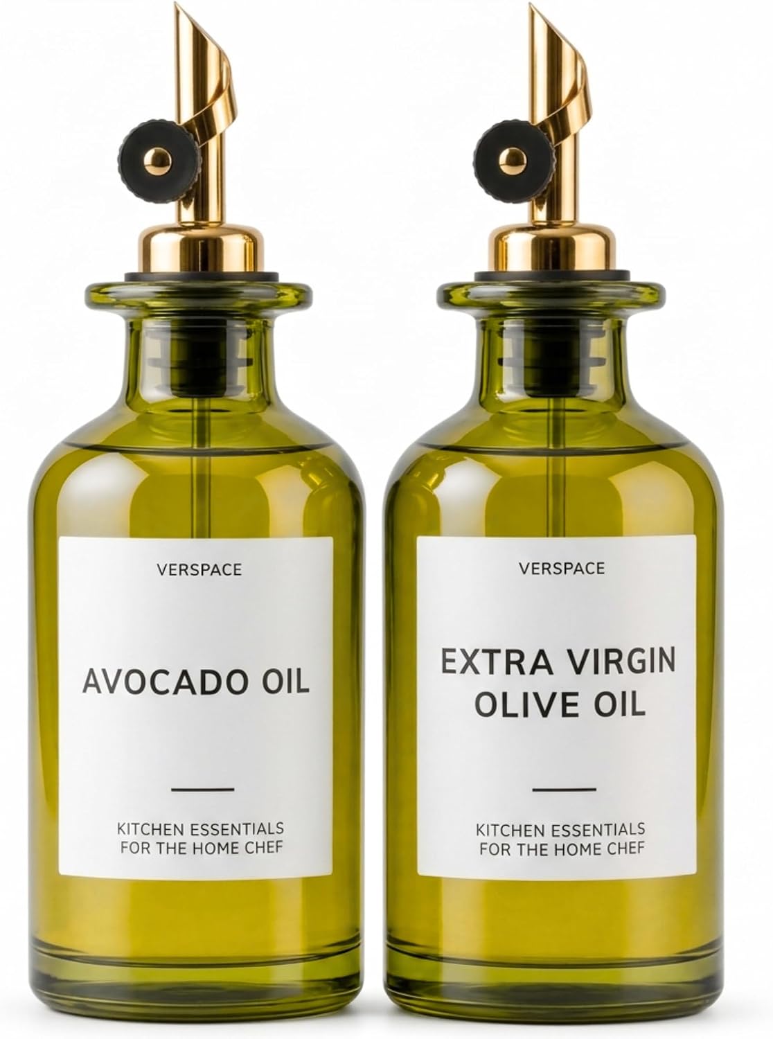 UV-Protected Green Glass Olive Oil Dispenser Bottles For Kitchen - 2 Pack - 12oz Includes 40 Kitchen Essential Labels, Avocado Oil Dispenser Set, Modern Decor for Home, Airbnb, Cafe