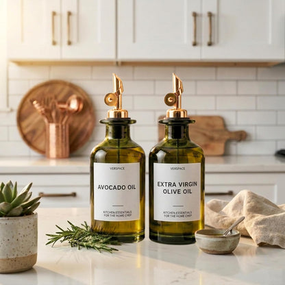 UV-Protected Green Glass Olive Oil Dispenser Bottles For Kitchen - 2 Pack - 12oz Includes 40 Kitchen Essential Labels, Avocado Oil Dispenser Set, Modern Decor for Home, Airbnb, Cafe