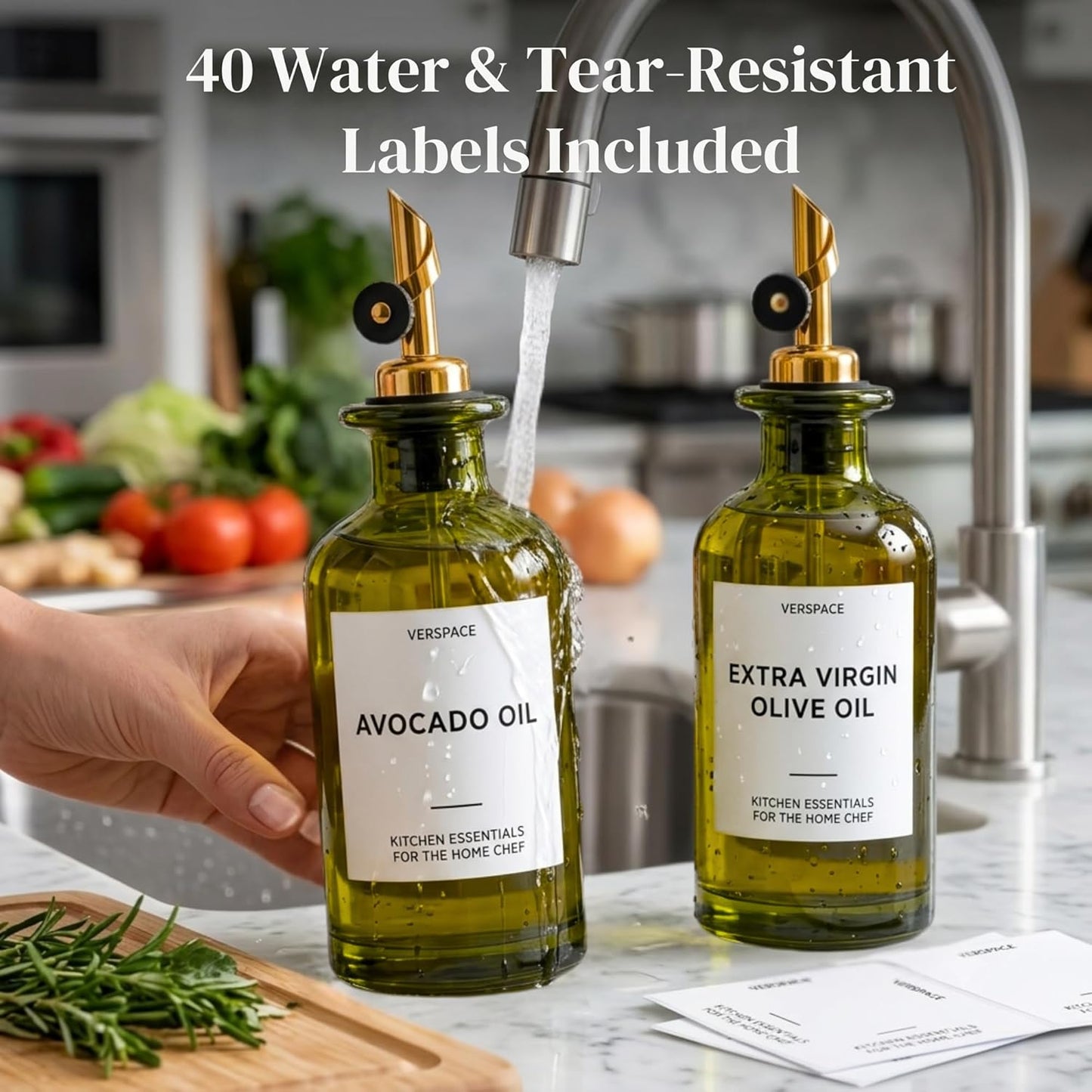 UV-Protected Green Glass Olive Oil Dispenser Bottles For Kitchen - 2 Pack - 12oz Includes 40 Kitchen Essential Labels, Avocado Oil Dispenser Set, Modern Decor for Home, Airbnb, Cafe