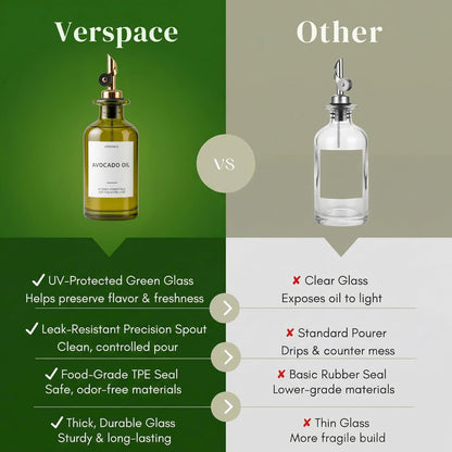 UV-Protected Green Glass Olive Oil Dispenser Bottles For Kitchen - 2 Pack - 12oz Includes 40 Kitchen Essential Labels, Avocado Oil Dispenser Set, Modern Decor for Home, Airbnb, Cafe