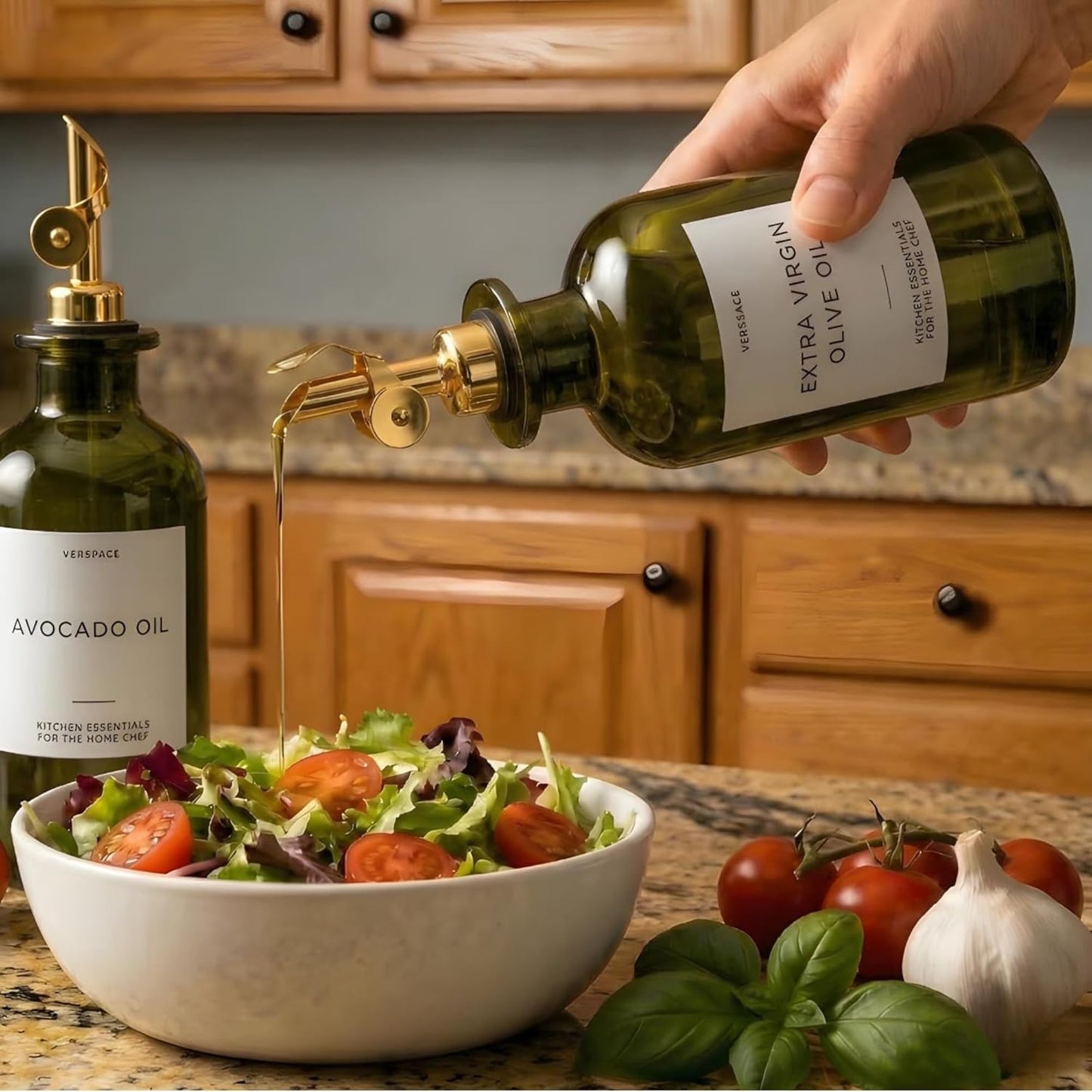 UV-Protected Green Glass Olive Oil Dispenser Bottles For Kitchen - 2 Pack - 12oz Includes 40 Kitchen Essential Labels, Avocado Oil Dispenser Set, Modern Decor for Home, Airbnb, Cafe