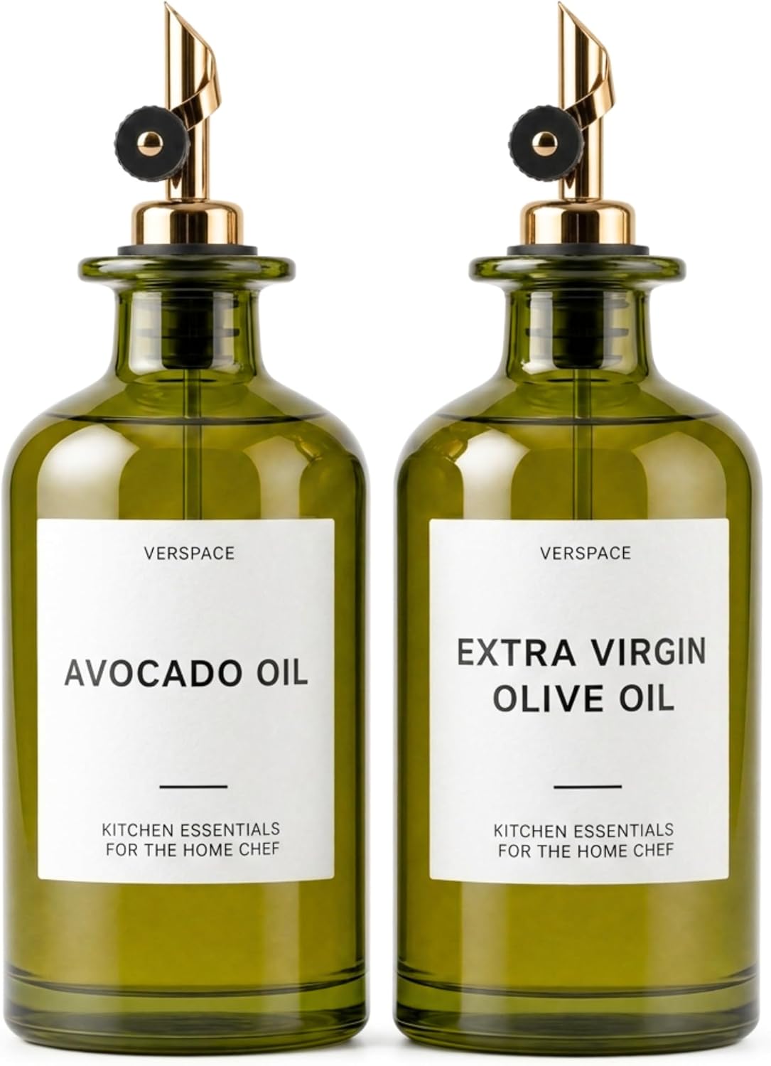 UV-Protected Green Glass Olive Oil Dispenser Bottles For Kitchen - 2 Pack - 12oz Includes 40 Kitchen Essential Labels, Avocado Oil Dispenser Set, Modern Decor for Home, Airbnb, Cafe