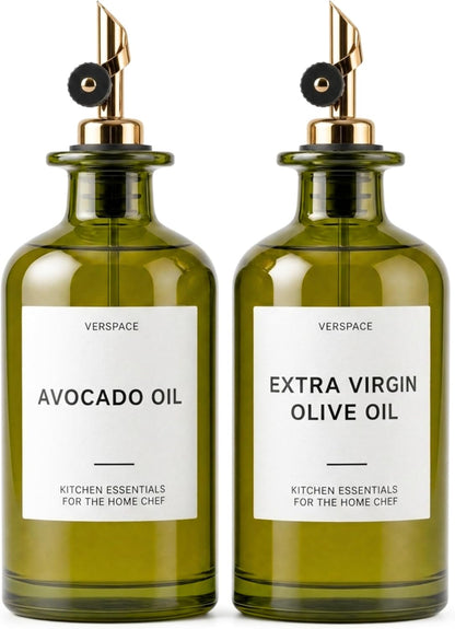 UV-Protected Green Glass Olive Oil Dispenser Bottles For Kitchen - 2 Pack - 12oz Includes 40 Kitchen Essential Labels, Avocado Oil Dispenser Set, Modern Decor for Home, Airbnb, Cafe