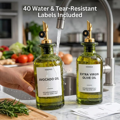 UV-Protected Green Glass Olive Oil Dispenser Bottles For Kitchen - 2 Pack - 12oz Includes 40 Kitchen Essential Labels, Avocado Oil Dispenser Set, Modern Decor for Home, Airbnb, Cafe