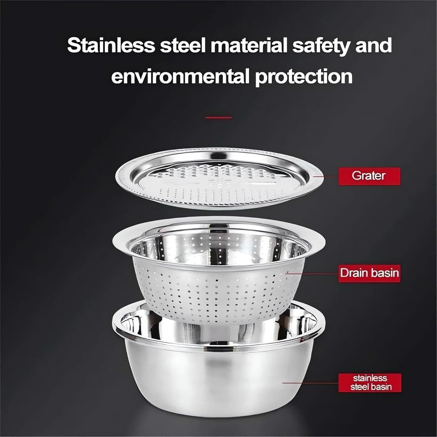 3 in 1 Stainless Steel Grater Shredder Slicer with Colander Drain Basin Bowl,Salad Spinner Fruit Vegetable Rice Washing Strainer Basket Bowl,Rice Rinser Food Graters with Container (9.4in)