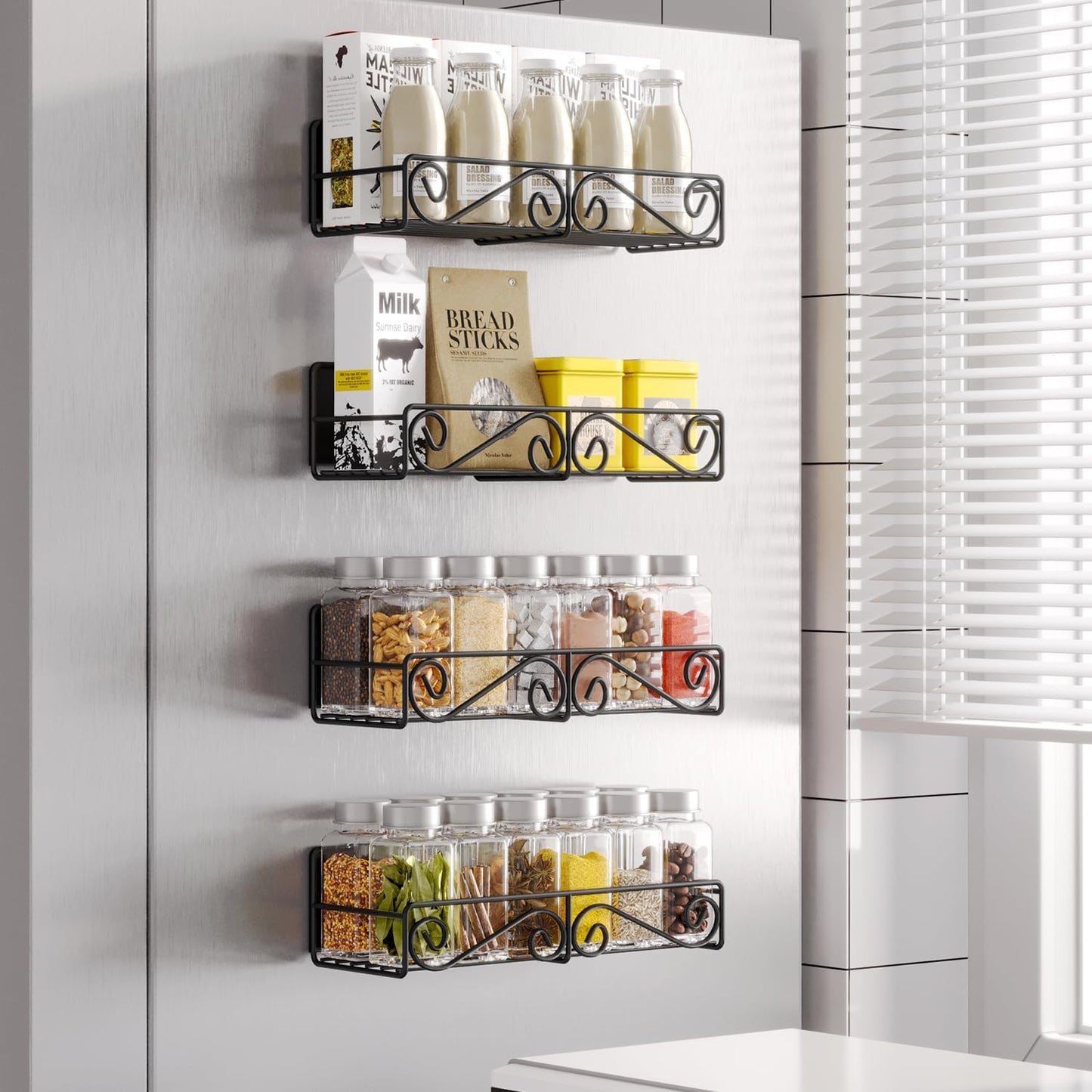 2 Pack Magnetic Spice Rack, Easy to Install on The Side of Refrigerator/Space Saving Kitchen Organization Shelf Organizer for Cabinet