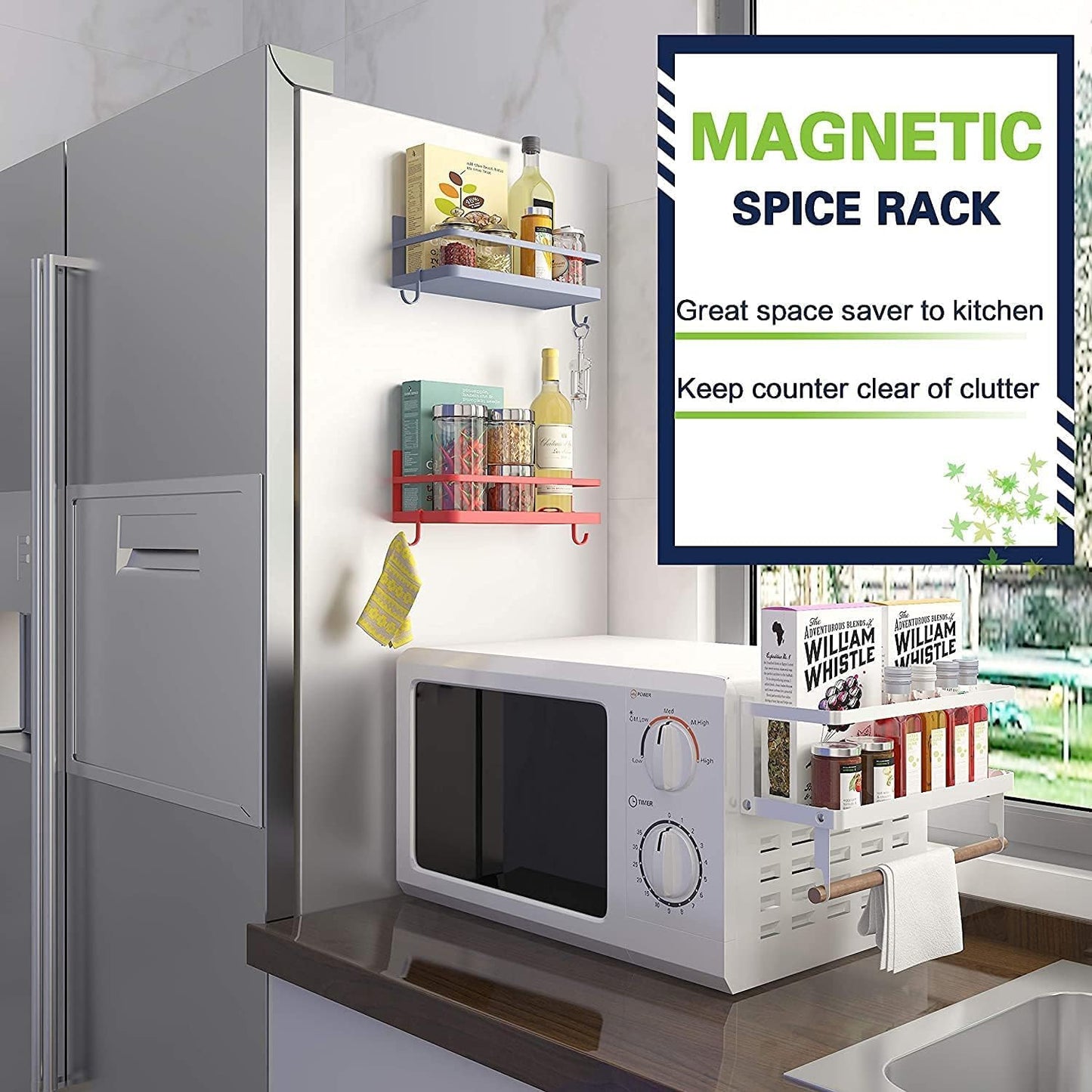 2 Pack Magnetic Spice Rack, Easy to Install on The Side of Refrigerator/Space Saving Kitchen Organization Shelf Organizer for Cabinet