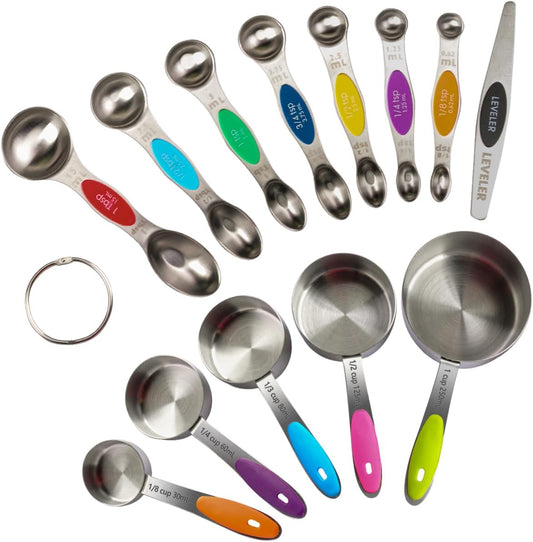 13-Piece Magnetic Measuring Spoons and Cups Set, Stainless Steel Kitchen Measure Tools with Silicone Handles, Nesting Dry and Liquid Measuring Cups for Baking Cooking (Multicolor)