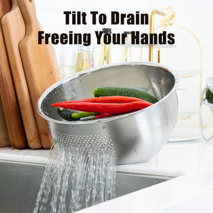 Rice Washer Strainer Bowl, Stainless Steel Quinoa Washing Bowl | Side Drainers Colander for Cleaning Rinsing Fruits, Vegetables, and Beans - Versatile Kitchen Tool