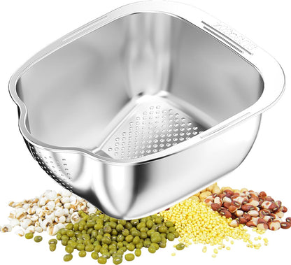 Rice Washer Strainer Bowl, Stainless Steel Quinoa Washing Bowl | Side Drainers Colander for Cleaning Rinsing Fruits, Vegetables, and Beans - Versatile Kitchen Tool