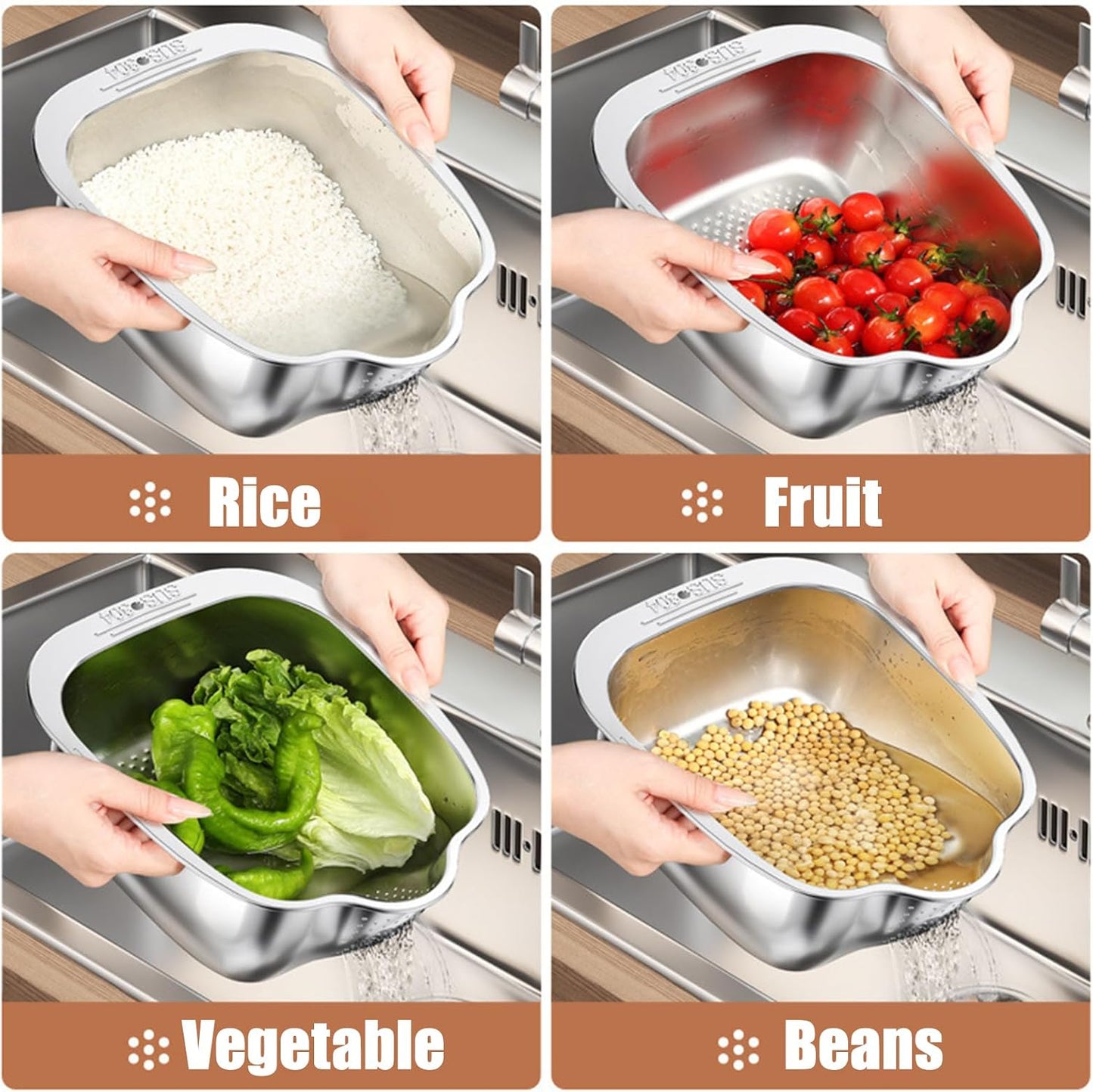 Rice Washer Strainer Bowl, Stainless Steel Quinoa Washing Bowl | Side Drainers Colander for Cleaning Rinsing Fruits, Vegetables, and Beans - Versatile Kitchen Tool