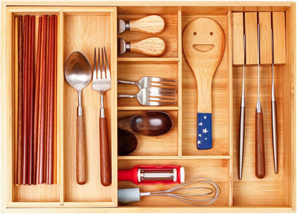 COIWAI Double Layer Bamboo Drawer Organizer Cutlery Utensil Silverware Drawer Organizer, cutlery Silverware Tray for Drawer, Utensil Holder Drawer Dividers for Flatware (L: 16.85 × 12.2 in)