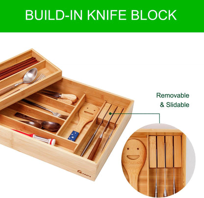 COIWAI Double Layer Bamboo Drawer Organizer Cutlery Utensil Silverware Drawer Organizer, cutlery Silverware Tray for Drawer, Utensil Holder Drawer Dividers for Flatware (L: 16.85 × 12.2 in)