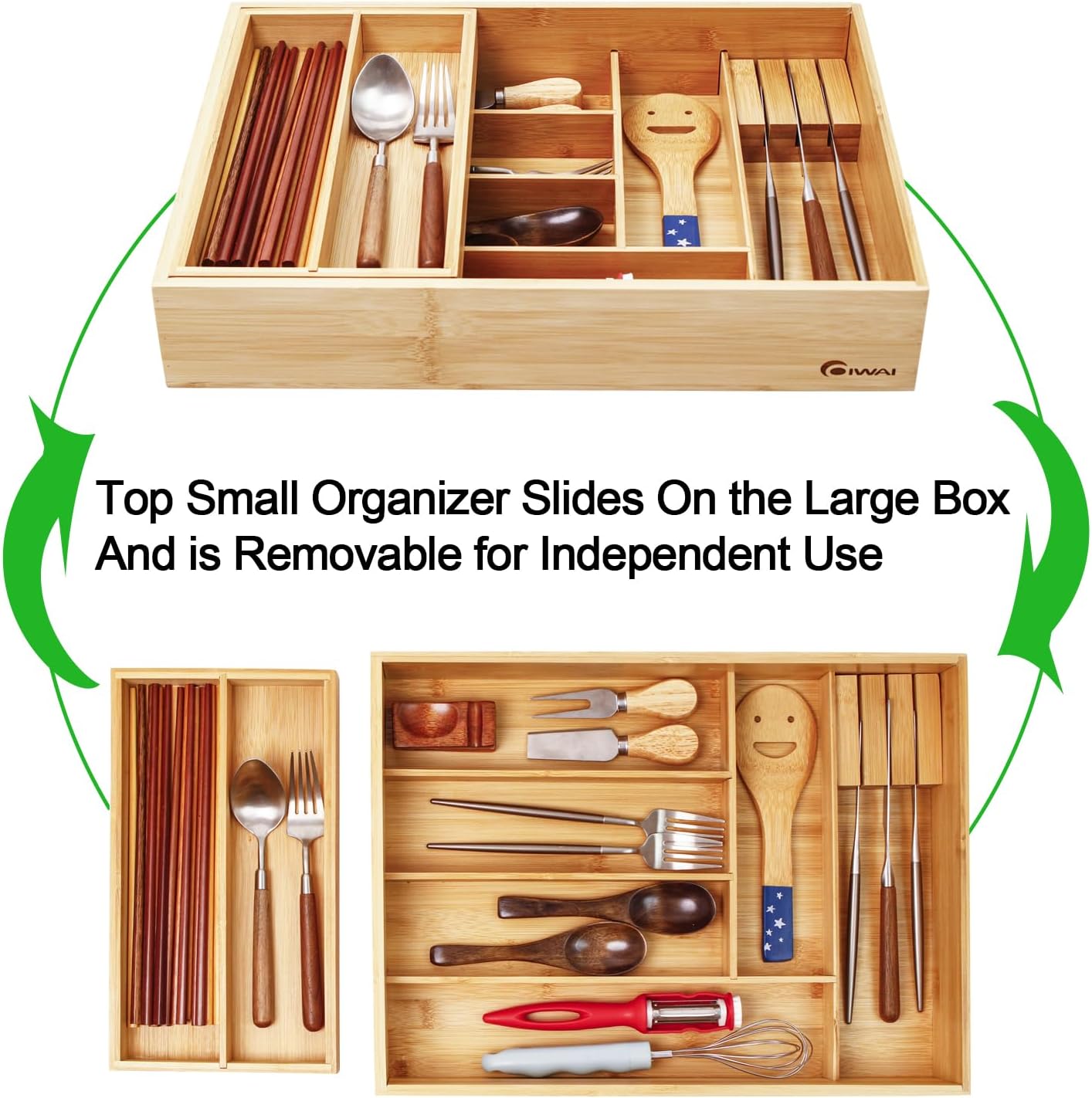 COIWAI Double Layer Bamboo Drawer Organizer Cutlery Utensil Silverware Drawer Organizer, cutlery Silverware Tray for Drawer, Utensil Holder Drawer Dividers for Flatware (L: 16.85 × 12.2 in)