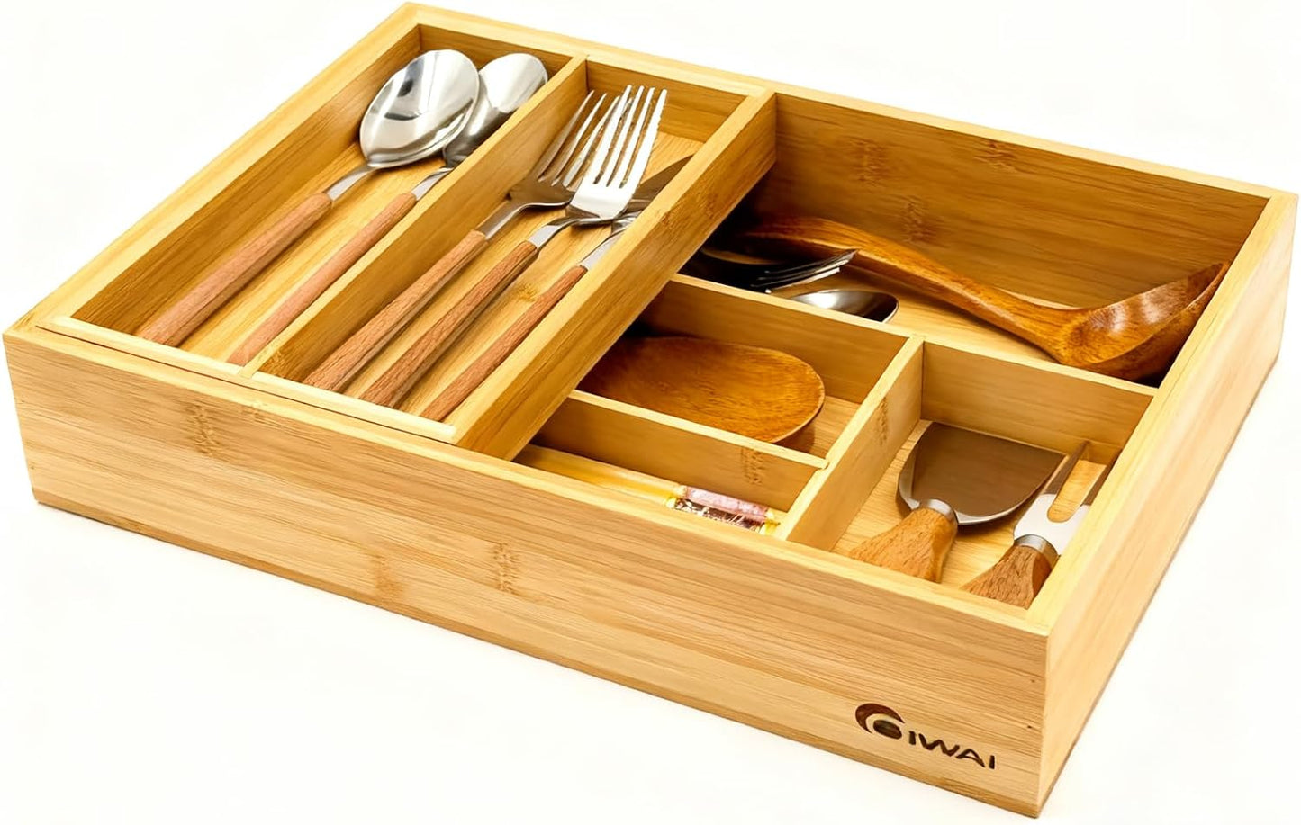 COIWAI Double Layer Bamboo Drawer Organizer Cutlery Utensil Silverware Drawer Organizer, cutlery Silverware Tray for Drawer, Utensil Holder Drawer Dividers for Flatware (L: 16.85 × 12.2 in)