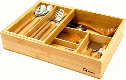COIWAI Double Layer Bamboo Drawer Organizer Cutlery Utensil Silverware Drawer Organizer, cutlery Silverware Tray for Drawer, Utensil Holder Drawer Dividers for Flatware (L: 16.85 × 12.2 in)
