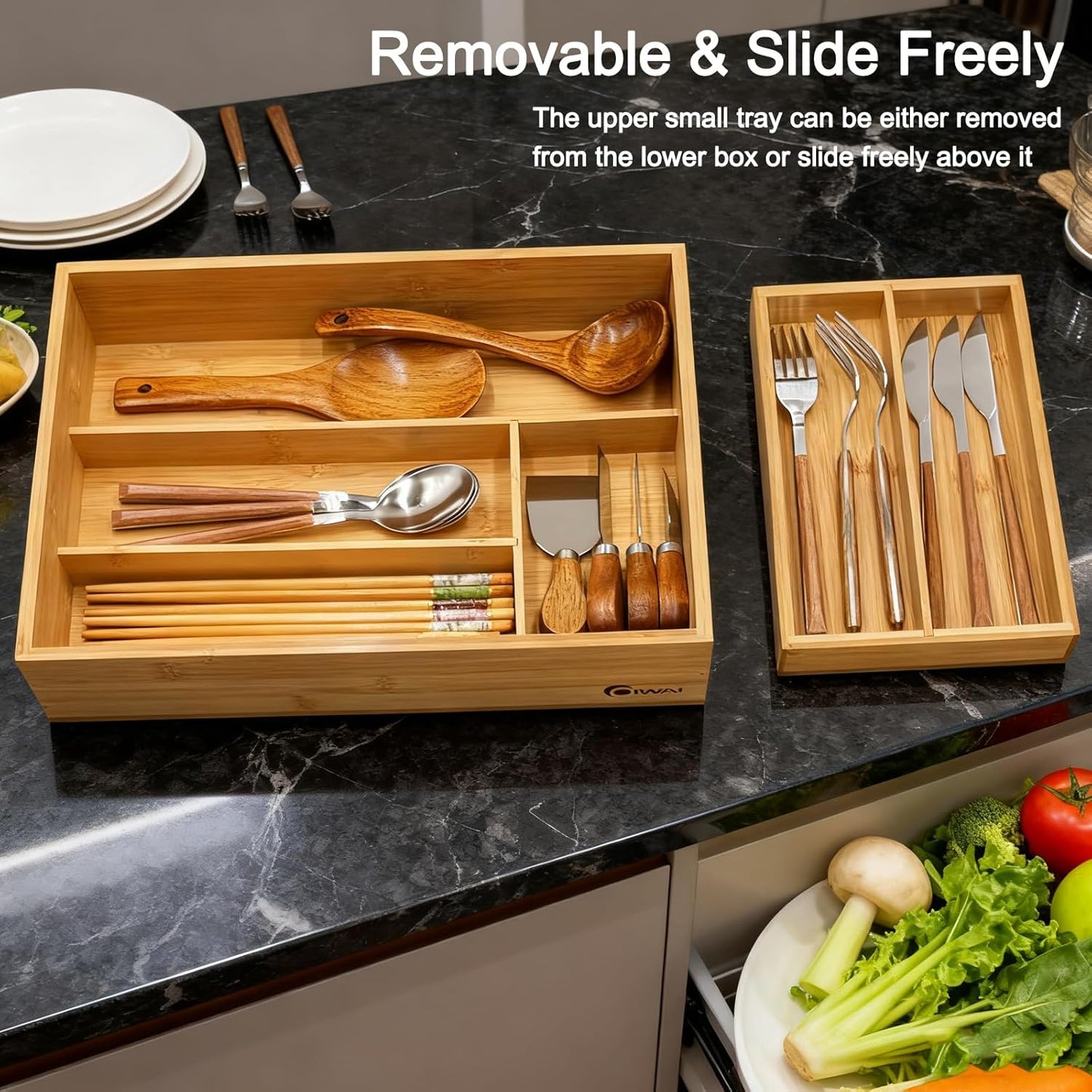 COIWAI Double Layer Bamboo Drawer Organizer Cutlery Utensil Silverware Drawer Organizer, cutlery Silverware Tray for Drawer, Utensil Holder Drawer Dividers for Flatware (L: 16.85 × 12.2 in)