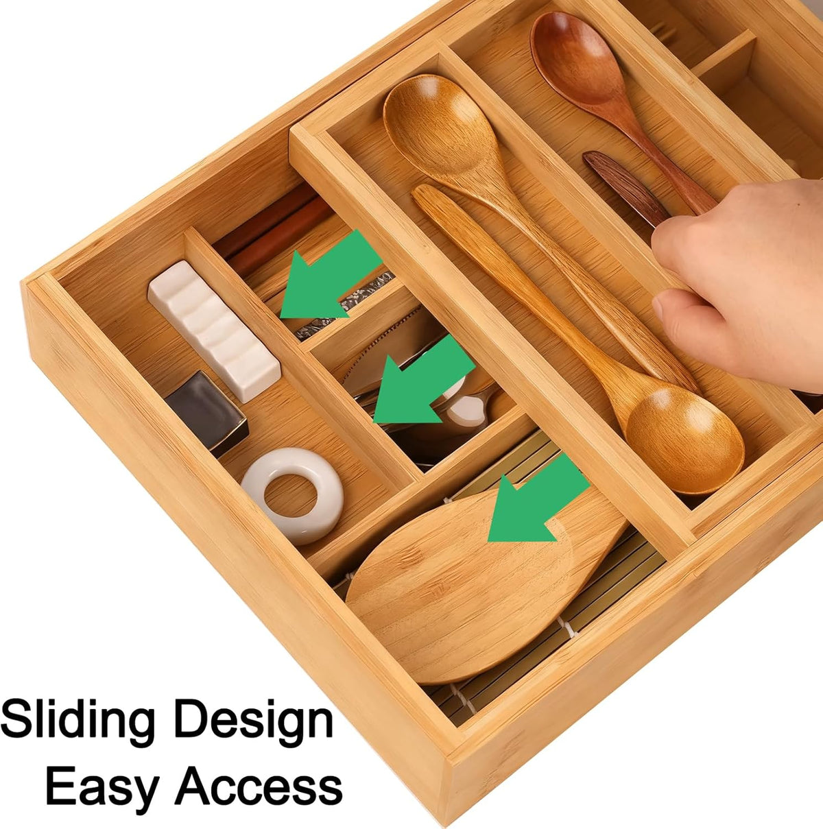 COIWAI Double Layer Bamboo Drawer Organizer Cutlery Utensil Silverware Drawer Organizer, cutlery Silverware Tray for Drawer, Utensil Holder Drawer Dividers for Flatware (L: 16.85 × 12.2 in)