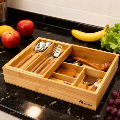 COIWAI Double Layer Bamboo Drawer Organizer Cutlery Utensil Silverware Drawer Organizer, cutlery Silverware Tray for Drawer, Utensil Holder Drawer Dividers for Flatware (L: 16.85 × 12.2 in)