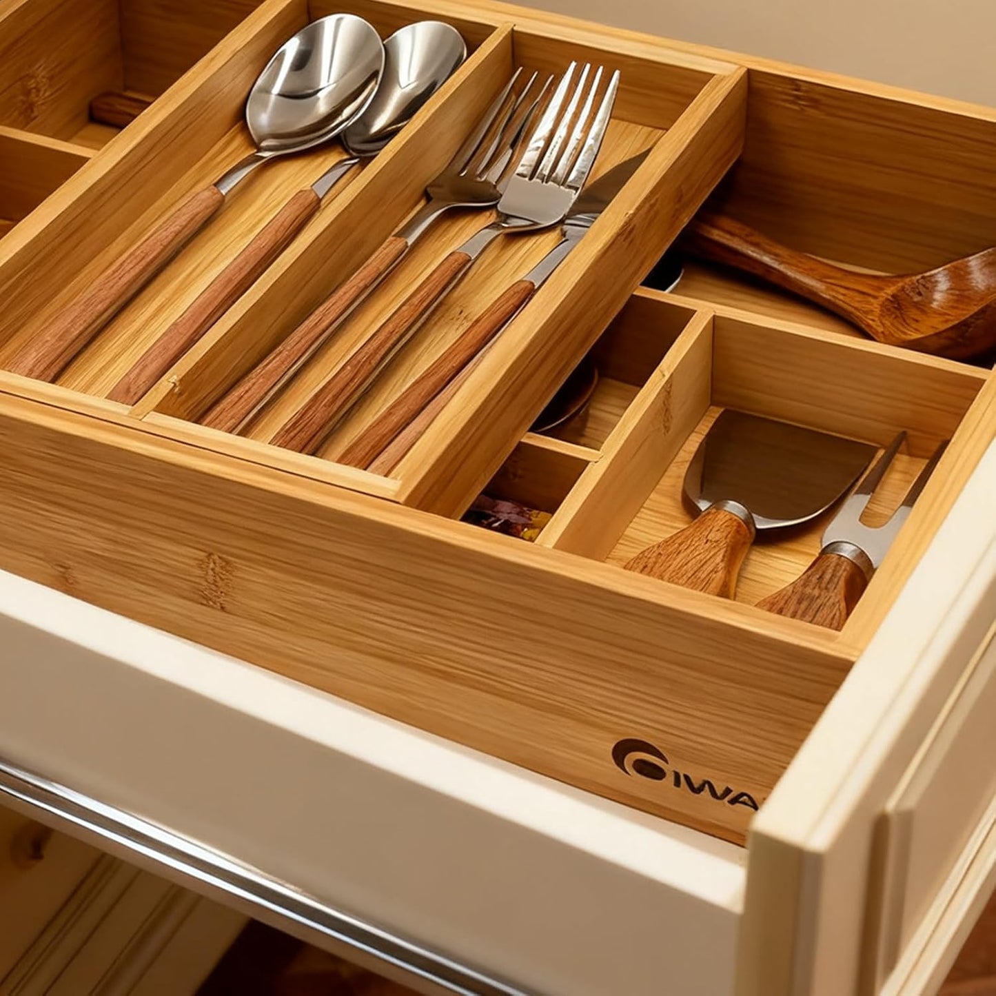 COIWAI Double Layer Bamboo Drawer Organizer Cutlery Utensil Silverware Drawer Organizer, cutlery Silverware Tray for Drawer, Utensil Holder Drawer Dividers for Flatware (L: 16.85 × 12.2 in)