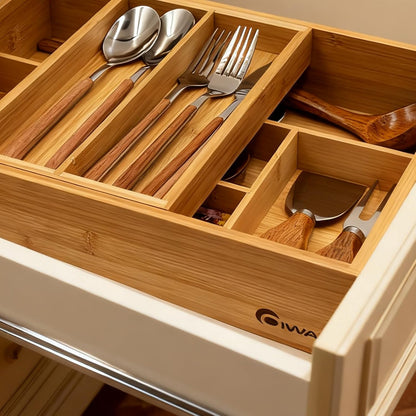 COIWAI Double Layer Bamboo Drawer Organizer Cutlery Utensil Silverware Drawer Organizer, cutlery Silverware Tray for Drawer, Utensil Holder Drawer Dividers for Flatware (L: 16.85 × 12.2 in)
