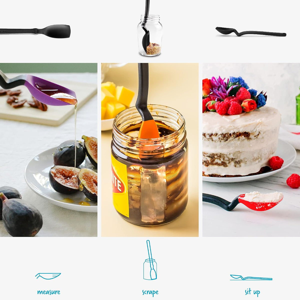 Mini Supoon Non-Stick Sit-Up Silicone Scraping Cooking Spoon, Jar Scraper Measures 5ml Tsp - 8" Purple